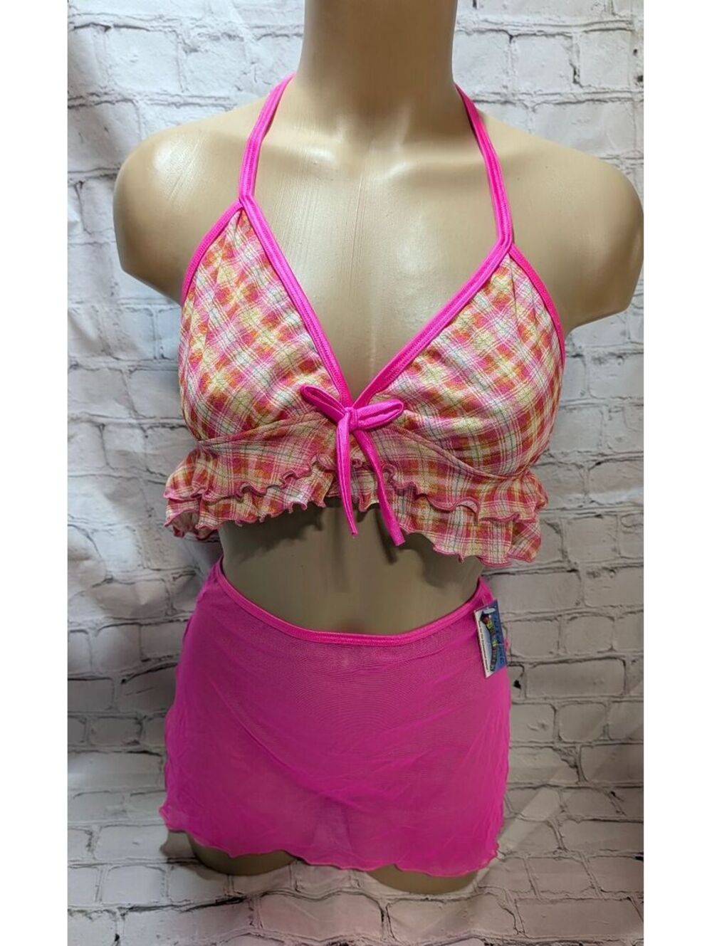 BODYZONE VINTAGE Gingham lingerie dancer sheer skirt and ruffle top NWT